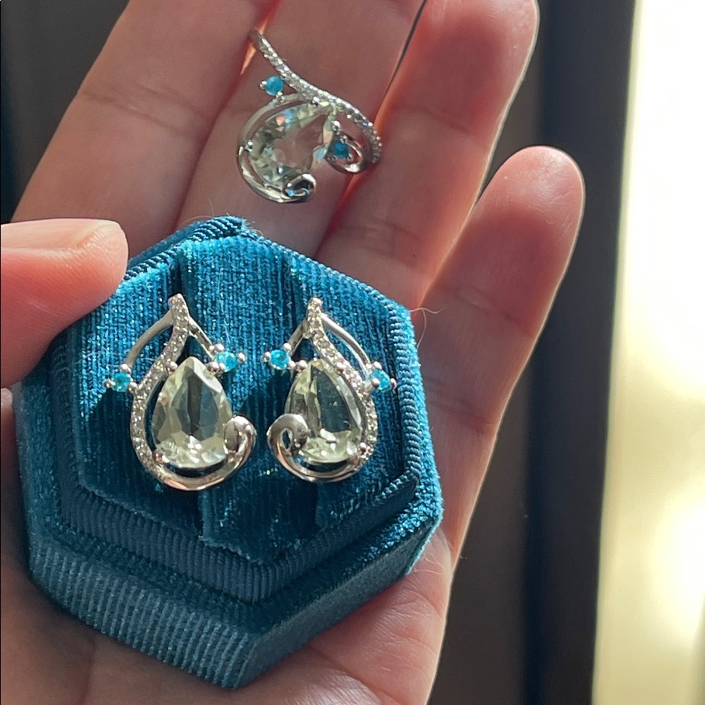 NWT 925 Silver Natural Green Amethyst Teardrop 12X8mm each Jewelry Set Size 9